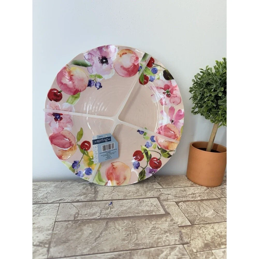 New Set 4 Melamine Dessert Plates 10” Easy Clean Design Fruit & Flower